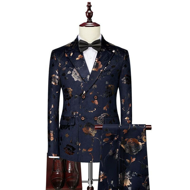 Mens Floral Patterned Wedding Suit Slim Fit 3 Pc dark blue