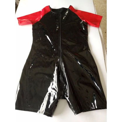 Shiny black and red latex or PVC short-sleeved bodysuit with a front zipper.