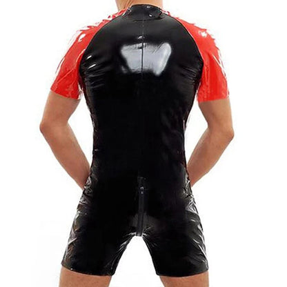 Shiny black and red latex or PVC bodysuit with short sleeves and shorts.