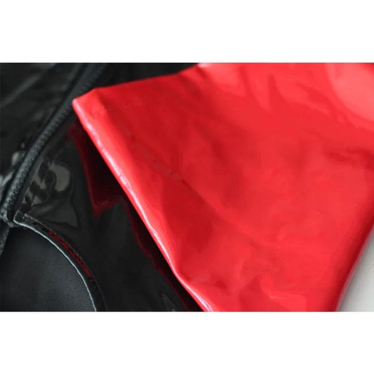 Red and black leather or vinyl fabric pieces.