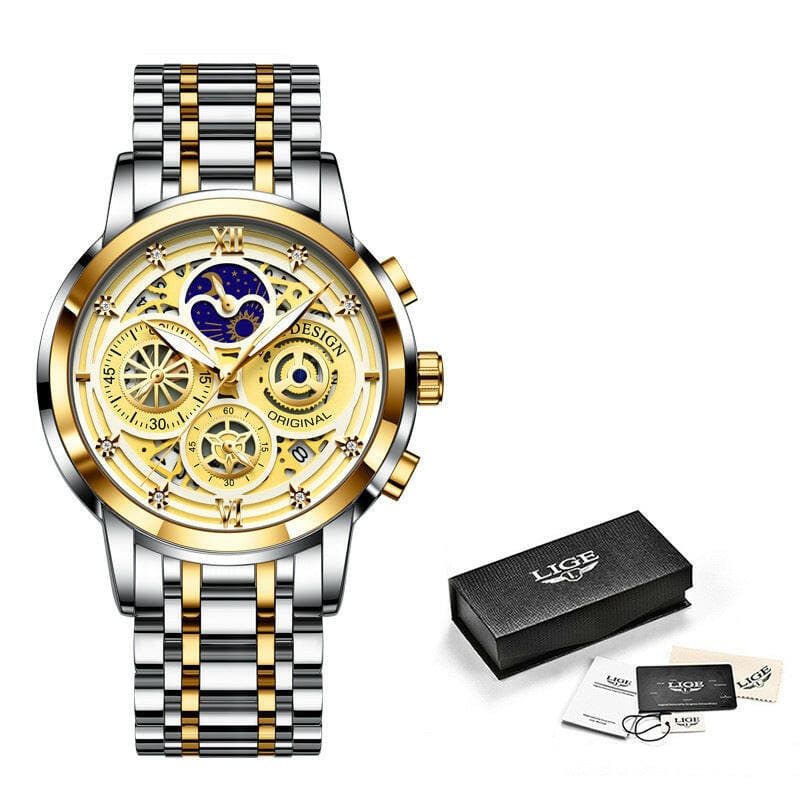 Mens Quartz Skeleton Waterproof Multifunctional Watch