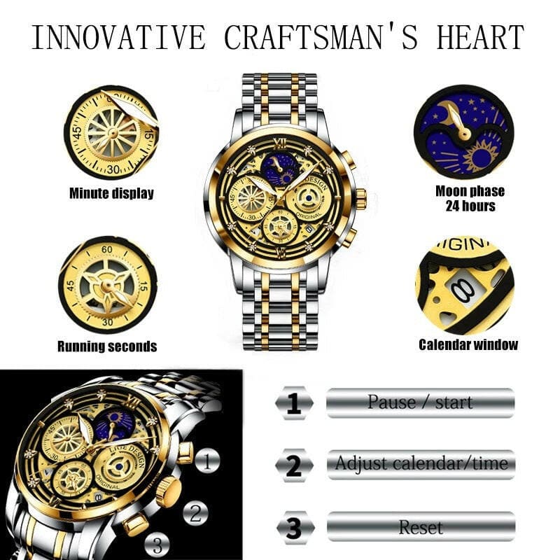 Mens Quartz Skeleton Waterproof Multifunctional Watch