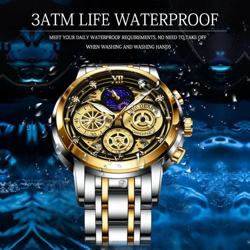 Mens Quartz Skeleton Waterproof Multifunctional Watch