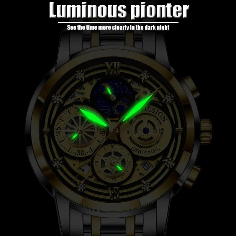 Mens Quartz Skeleton Waterproof Multifunctional Watch