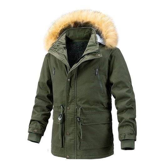 Green winter parka with a fur-trimmed hood.