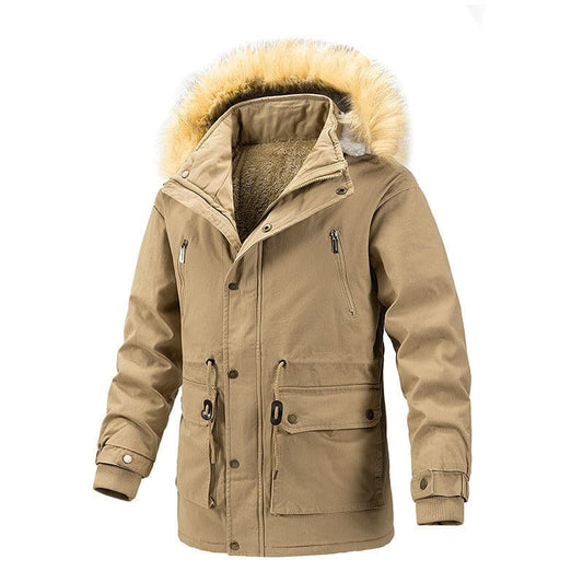 Beige winter parka with fur-trimmed hood and multiple pockets.