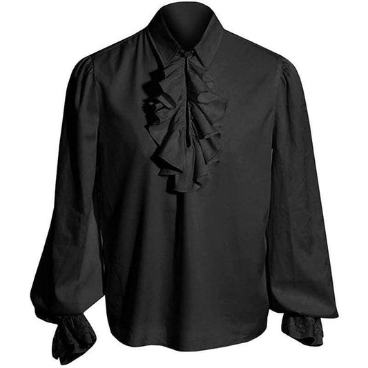 Mens Renaissance Steampunk Ruffle Fronted Shirt Black / 2XL