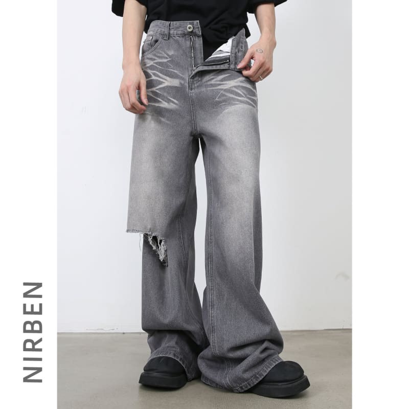 Mens Retro Washed Ripped Straight Loose Wide Leg Jeans