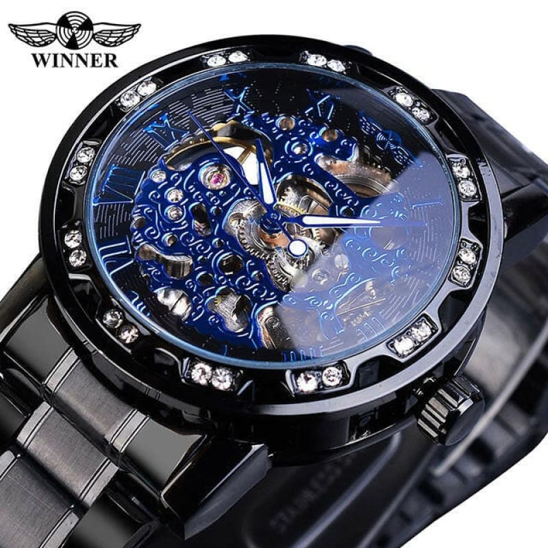 Mens Rhinestone Roman Analog Skeleton Luminous Watch black