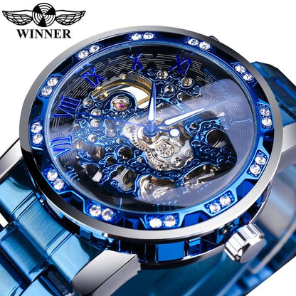 Mens Rhinestone Roman Analog Skeleton Luminous Watch blue