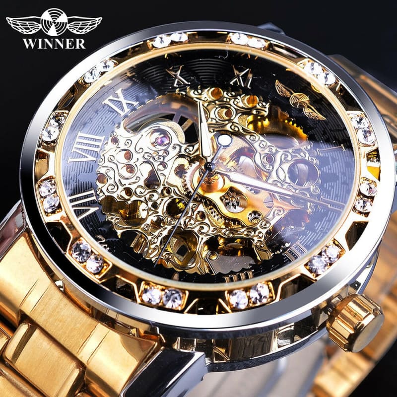 Mens Rhinestone Roman Analog Skeleton Luminous Watch golden