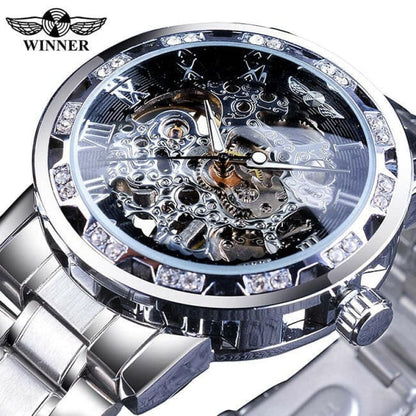 Mens Rhinestone Roman Analog Skeleton Luminous Watch silver