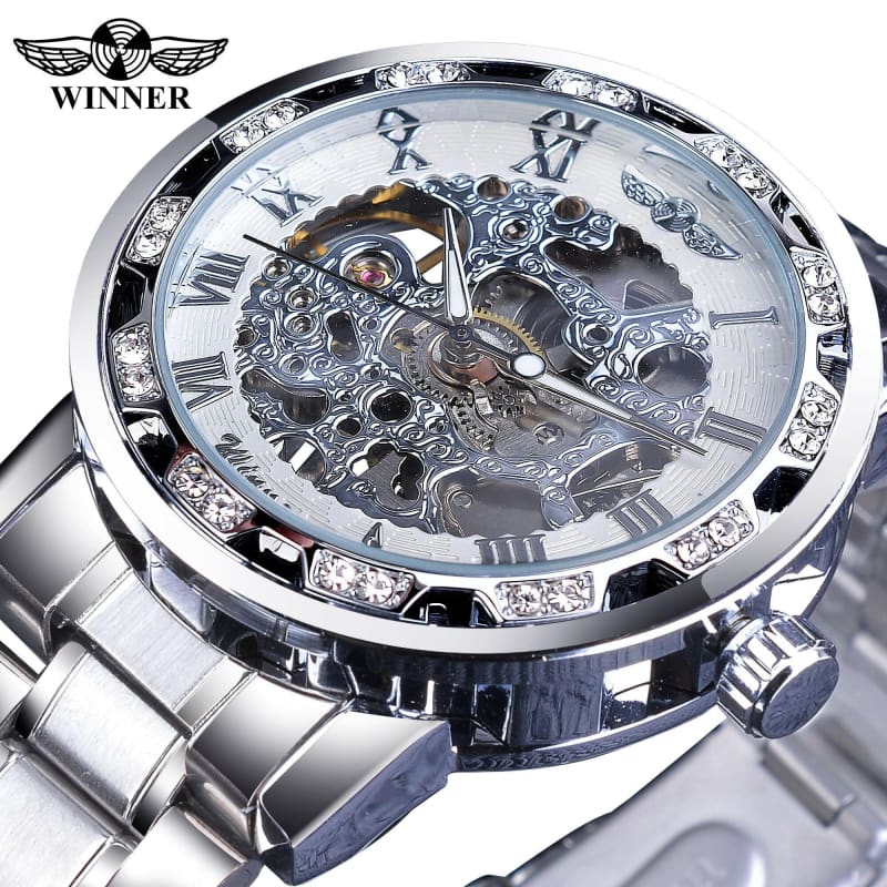 Mens Rhinestone Roman Analog Skeleton Luminous Watch