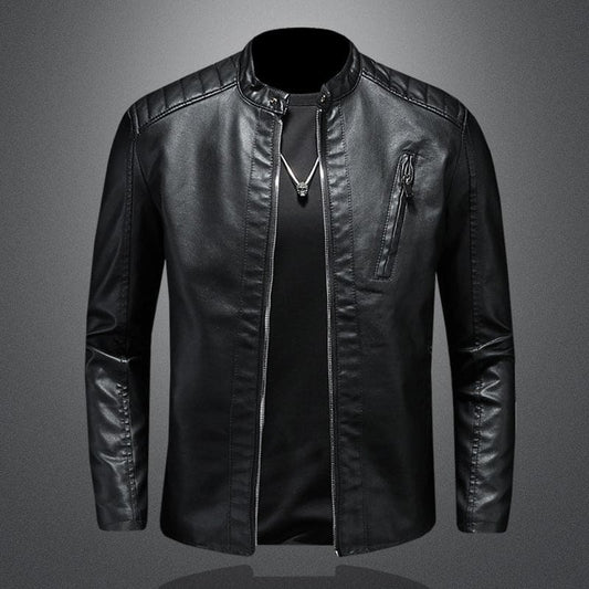 Black leather motorcycle jacket with a stand-up collar and zippered front.