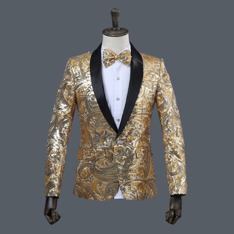 Mens Sequin Paisley Suit Jacket with Bow Tie Gold / M