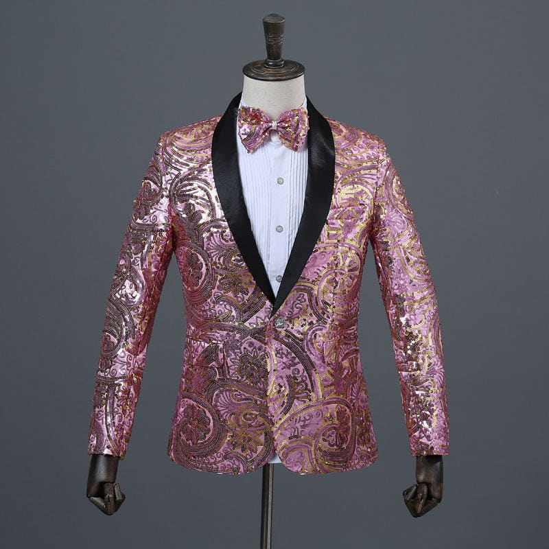 Mens Sequin Paisley Suit Jacket with Bow Tie Pink / M