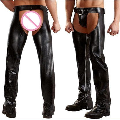 Leather chaps with revealing cutouts designed for adult entertainment purposes.