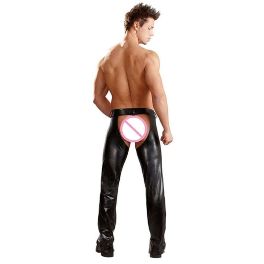 Leather chaps with an open rear, worn by a shirtless person.