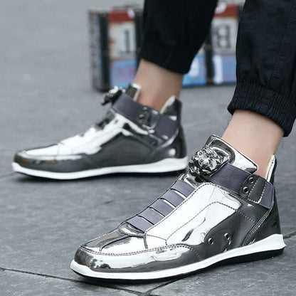 Metallic silver and white high-top sneakers with a unique fastening system.