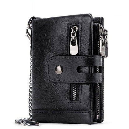 Mens Genuine Leather Wallet With Zip And Chain Detail Black