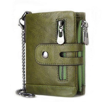 Mens Genuine Leather Wallet With Zip And Chain Detail Green