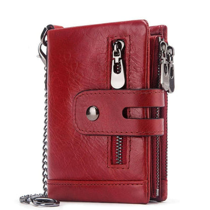 Mens Genuine Leather Wallet With Zip And Chain Detail Red