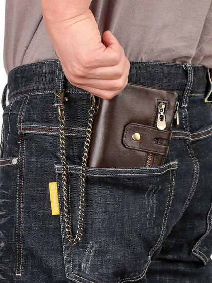 Mens Genuine Leather Wallet With Zip And Chain Detail