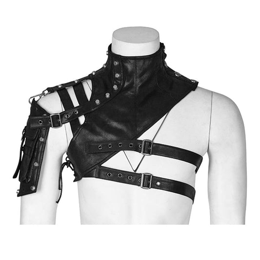 Black leather asymmetrical shoulder harness with straps and buckles.