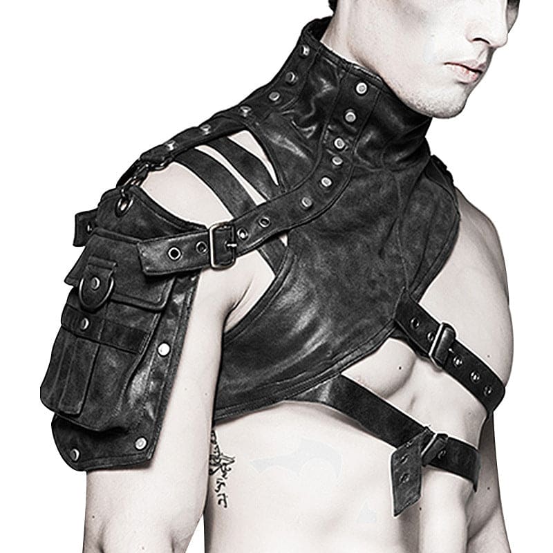 Leather shoulder harness with straps, buckles, and an attached pouch.