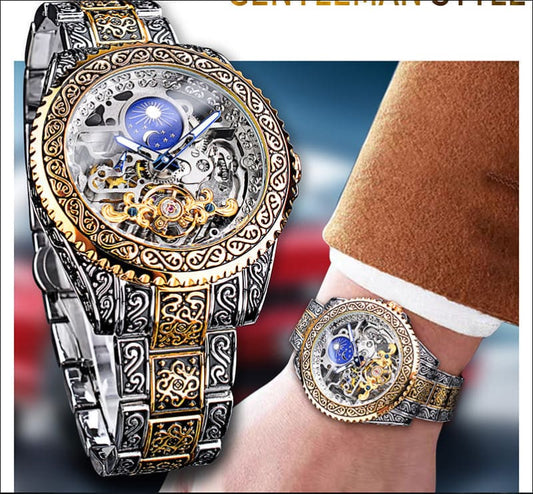 Men’s Stainless Steel Carved Tourbillon Mechanical Watch