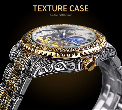 Men’s Stainless Steel Carved Tourbillon Mechanical Watch