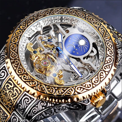 Men’s Stainless Steel Carved Tourbillon Mechanical Watch