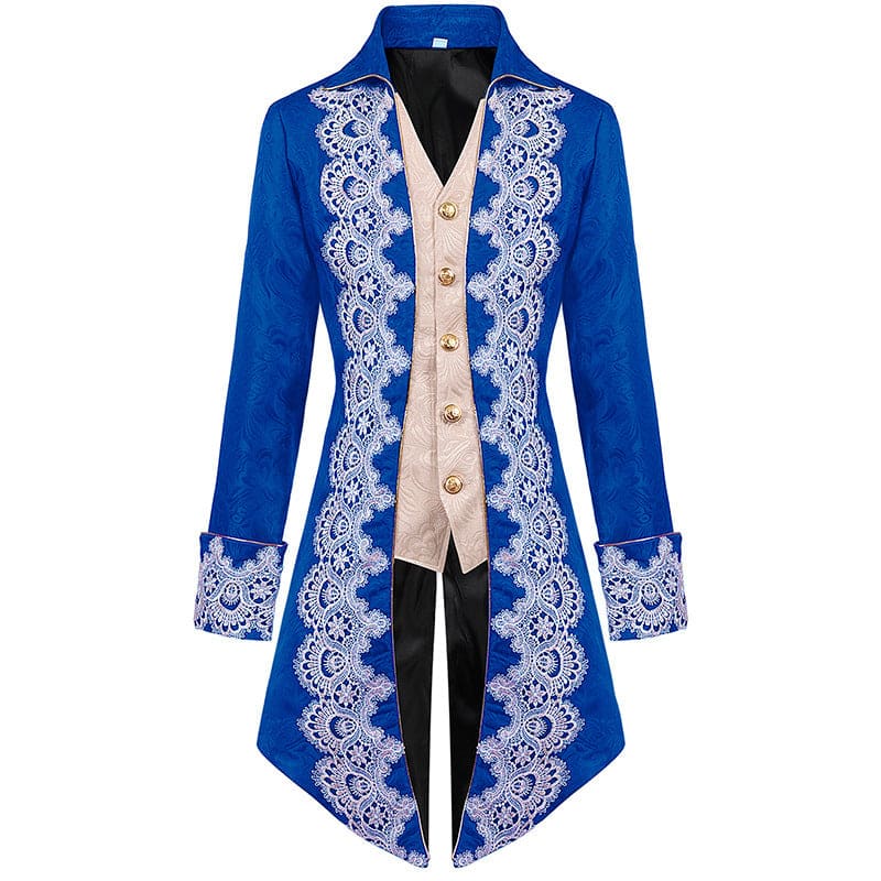 Royal blue tailcoat with ornate white lace trim and beige inner vest.