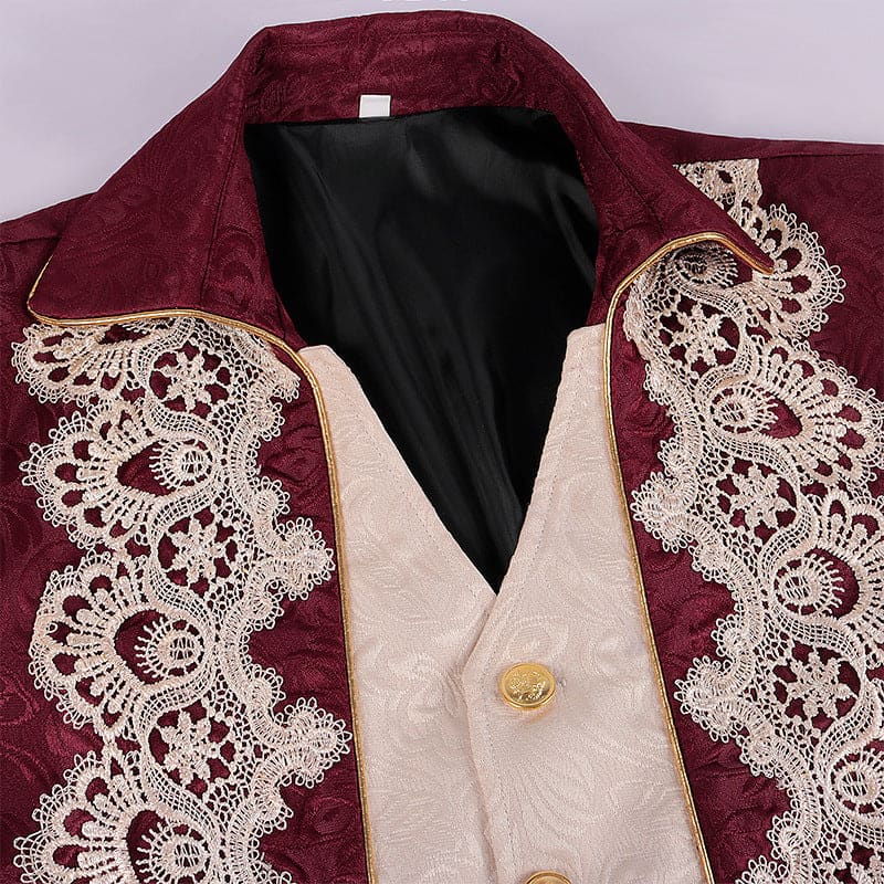 Burgundy velvet jacket with ornate cream lace trim and a white vest underneath.