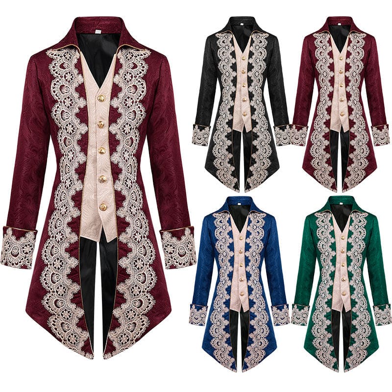 Ornate Victorian-style tailcoat with lace trim in various colors.