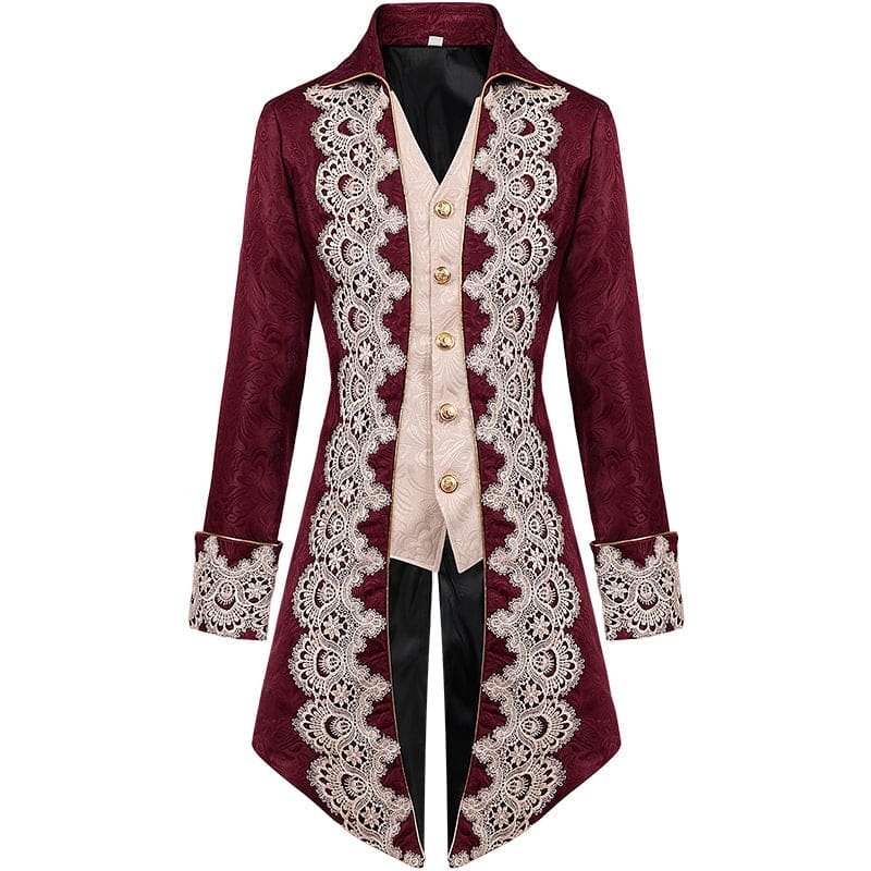 Burgundy velvet coat with ornate cream lace trim and button detailing.