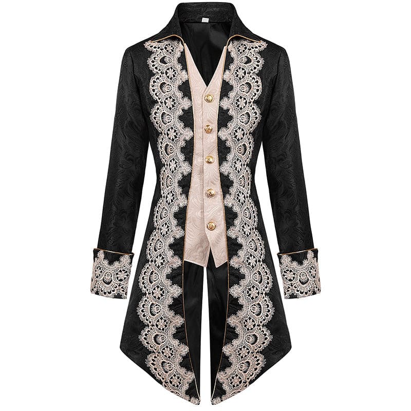 Ornate black and white Victorian-style tailcoat with intricate lace trim and gold buttons.