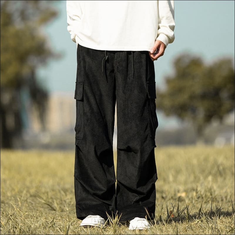 Stylish Wide-Leg Corduroy Cargo Pants for Men Black / M