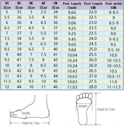 Shoe size conversion chart with foot measurements and diagrams.