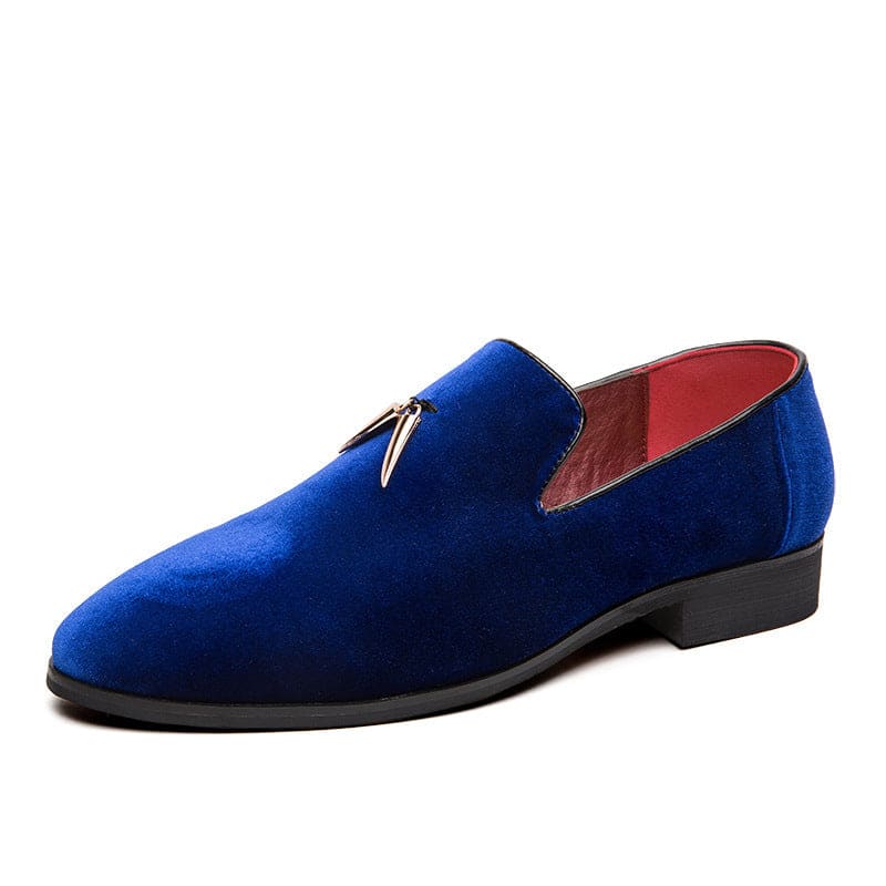 Vibrant blue suede loafer with a gold metal accent on the vamp.