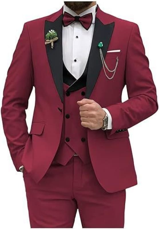 Mens Three-Piece Slim Fit Suit in 11 Colors Wine Red / XS