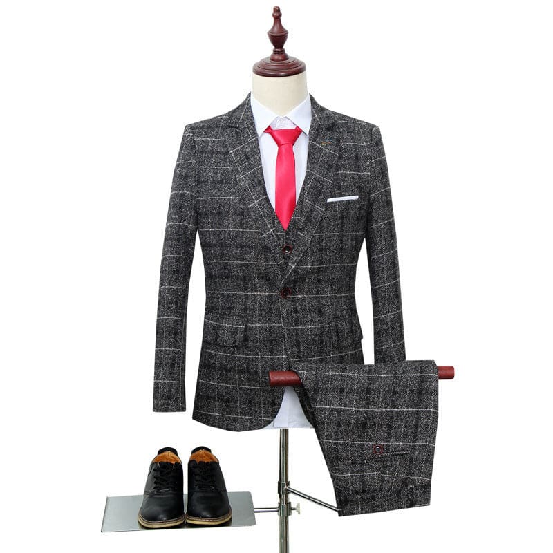 Men’s Three-Piece Slim-Fitting English Style Checked Suit