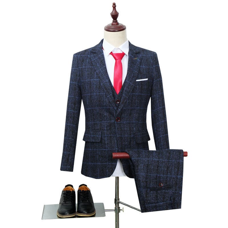 Men’s Three-Piece Slim-Fitting English Style Checked Suit