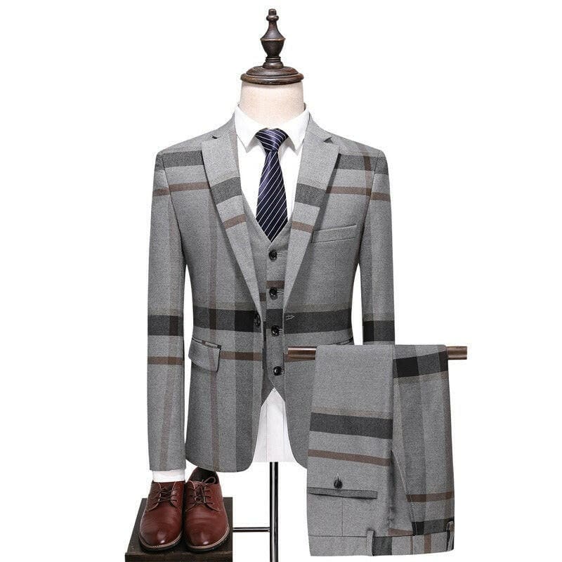 Tartan Groom Suit Large Checked Three Piece Suit Grey / S