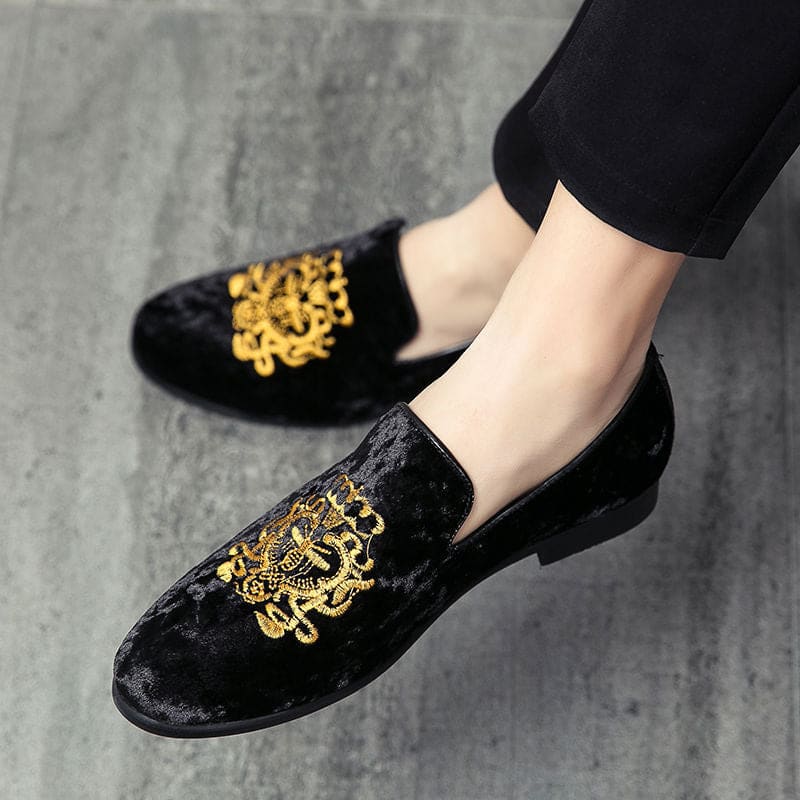 Mens Velour Embroidered Formal Leisure Carpet Shoes - Black