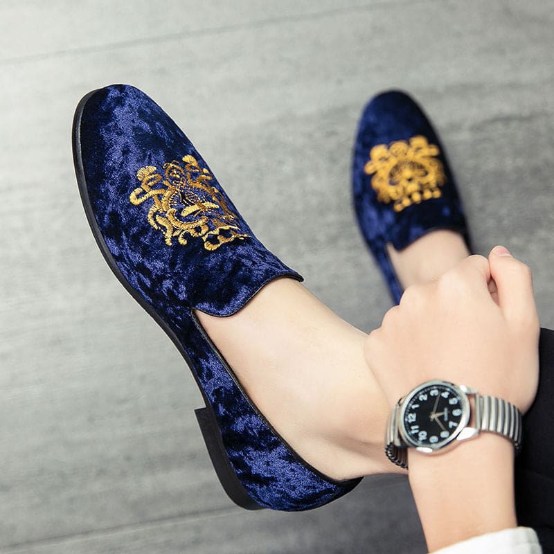 Mens Velour Embroidered Formal Leisure Carpet Shoes - Blue