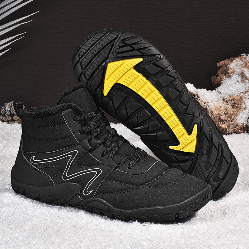 Black high-top sneaker with yellow arrow design on the sole.