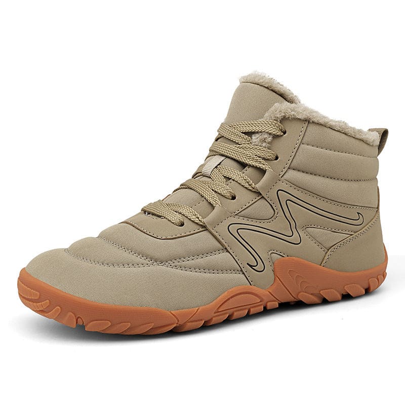 Beige high-top sneaker with a gum rubber sole and fuzzy lining.