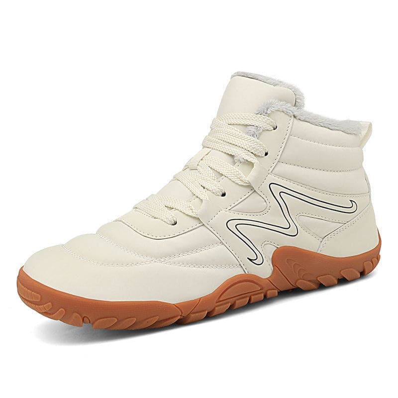 High-top athletic sneaker with a white upper and gum rubber sole.