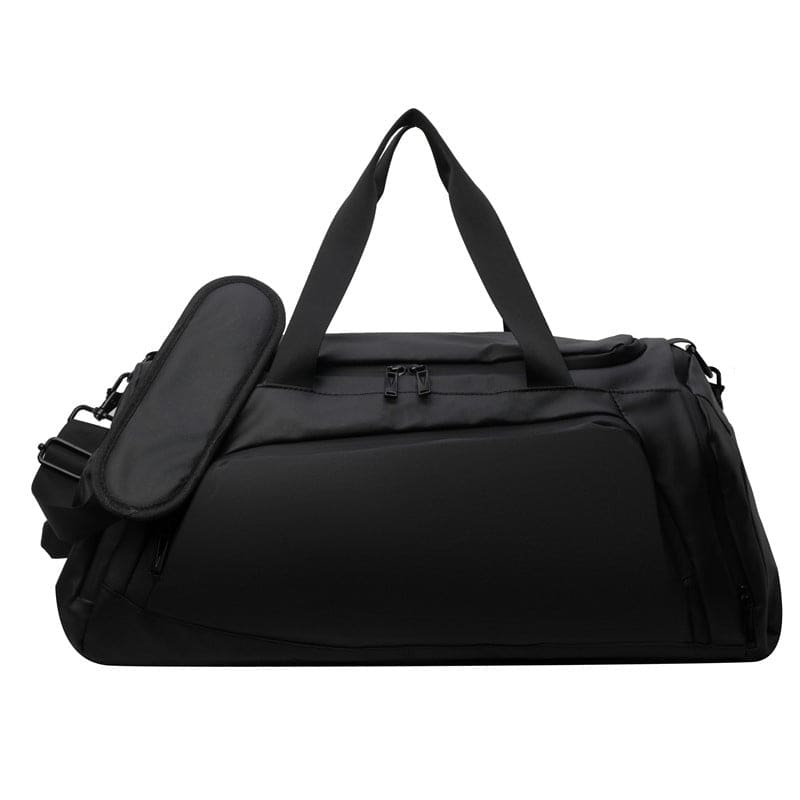 Black duffel bag with handles and a shoulder strap.